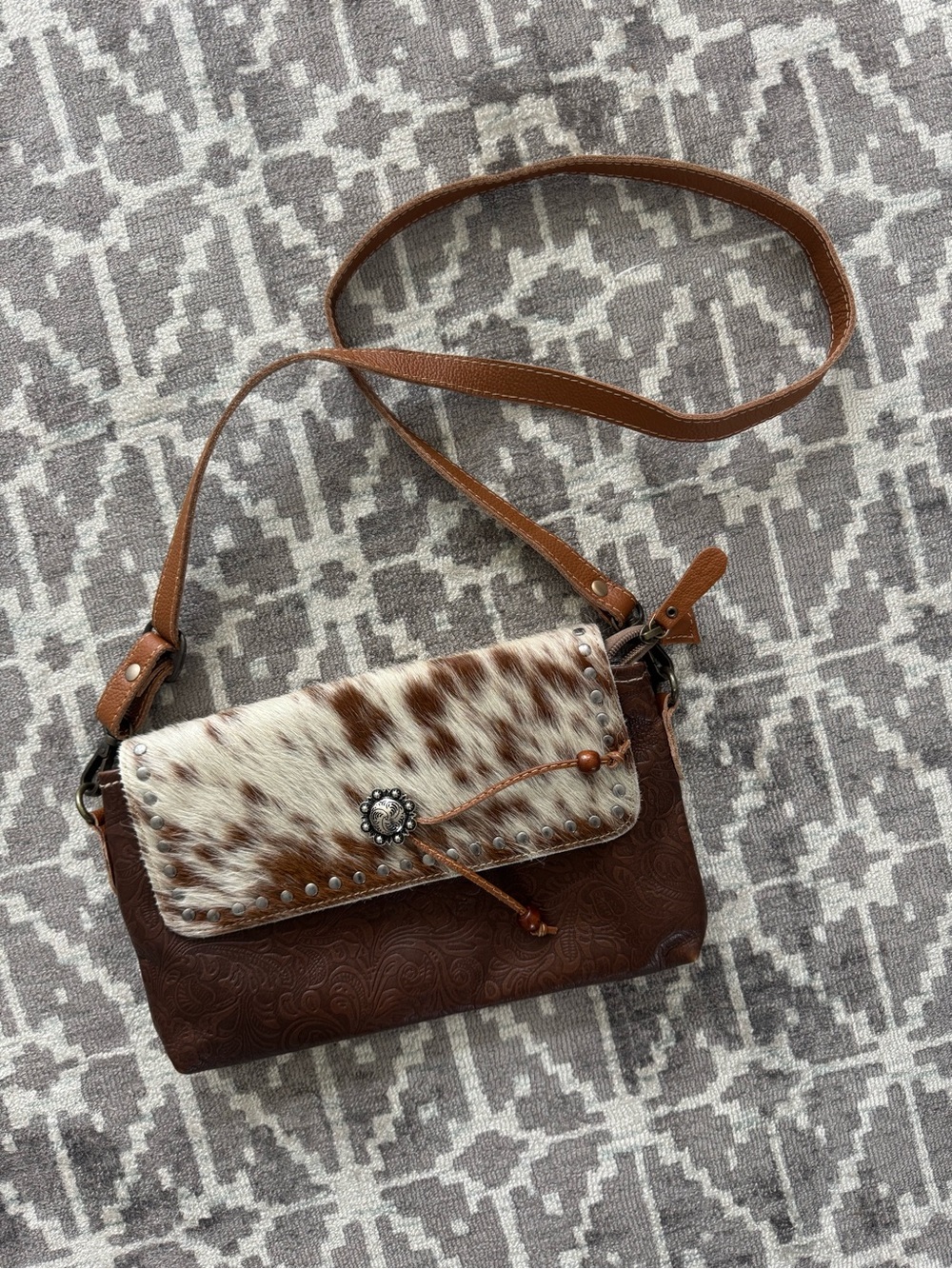 Myra Bag Brown Tooled Leather Crossbody with White & Brown Cowhide Flap